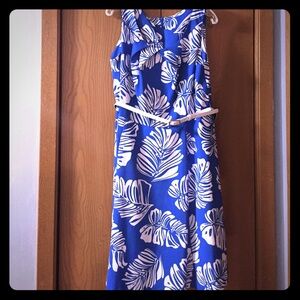 Dress Barn Blue and White Tropical Midi Dress